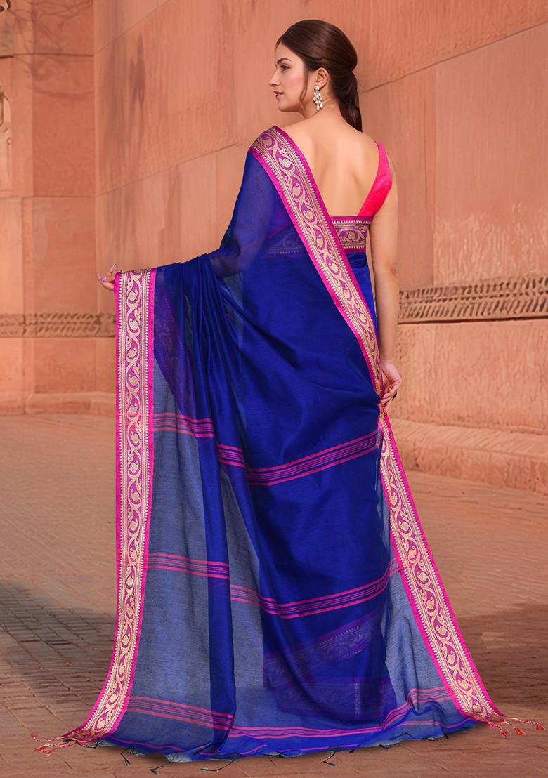 Blue And Pink Zari Cotton Saree Set - Indya