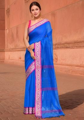 Blue And Pink Zari Cotton Saree Set