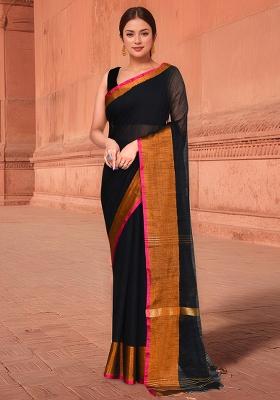 Black And Pink Solid Cotton Saree Set