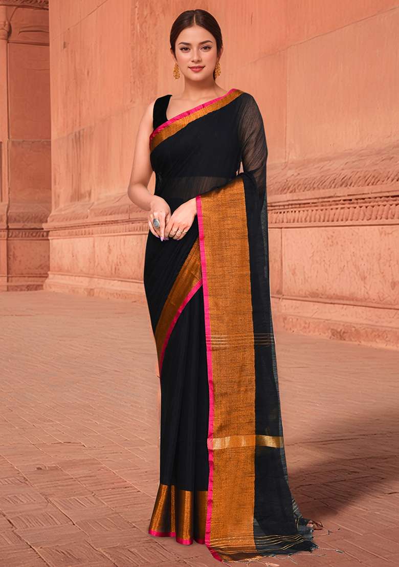 Black And Pink Solid Cotton Saree Set - Indya