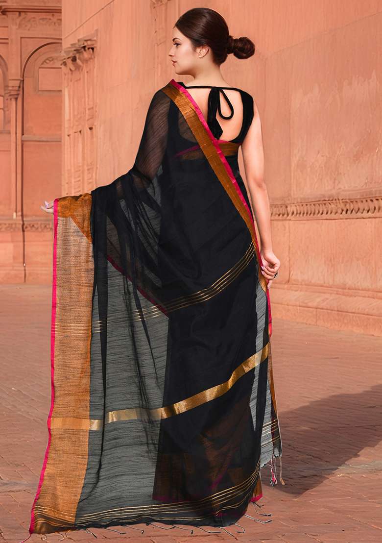 Black And Pink Solid Cotton Saree Set - Indya