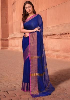 Navy Blue And Megenta Pink Solid Cotton Saree Set