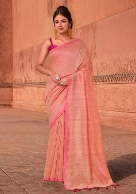 Peach Solid Cotton Saree Set