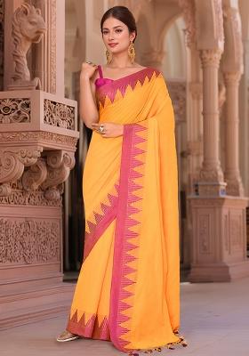 Orange And Pink Printed Cotton Saree Set