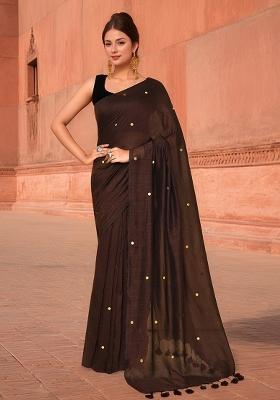 Coffee Brown Solid Cotton Saree Set