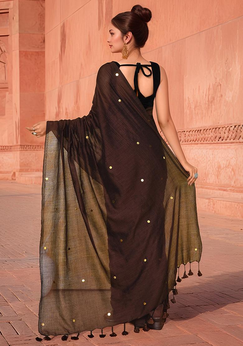 Coffee Brown Solid Cotton Saree Set - Indya