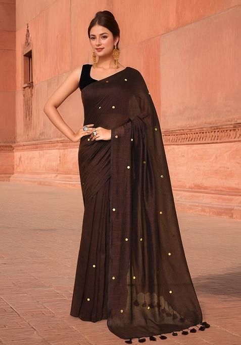 Coffee Brown Solid Cotton Saree Set
