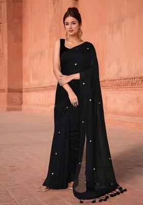 Black Solid Cotton Saree Set