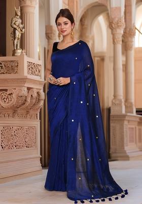 Navy Blue Solid Cotton Saree Set