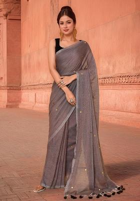 Grey Solid Cotton Saree Set