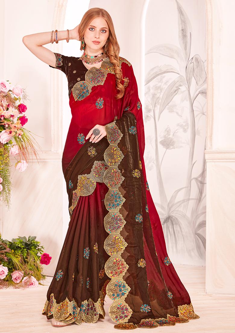 Red Embrodery Work Silk Saree Set