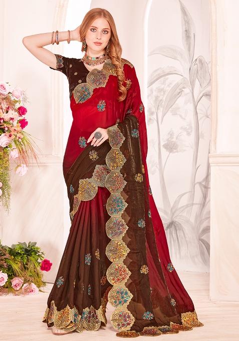 Red Embrodery Work Silk Saree Set