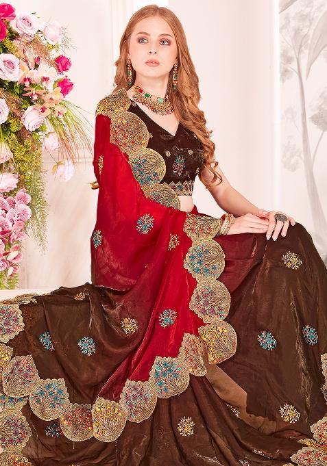 Red Embrodery Work Silk Saree Set