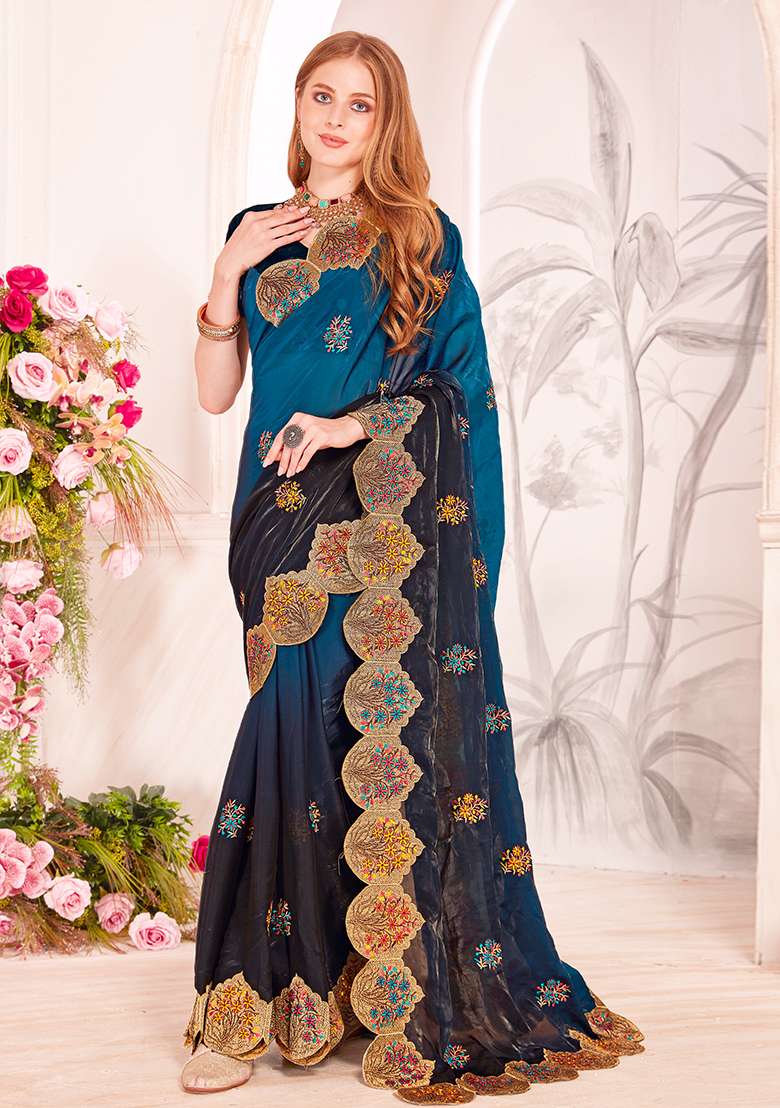 Morpeach Embrodery Work Silk Blend Saree Set for Diwali | Wedding & Festive Wear - Indya