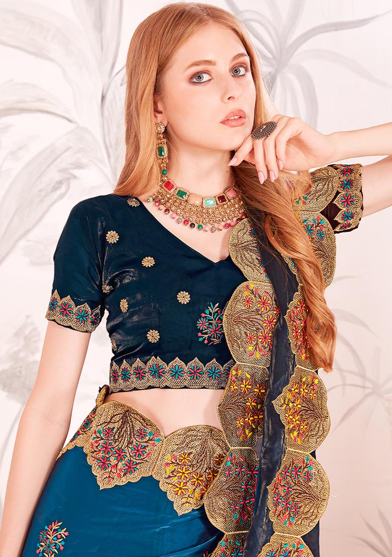 Morpeach Embrodery Work Silk Saree Set - Indya