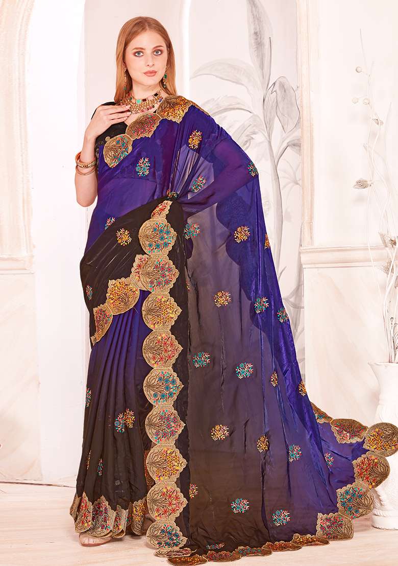 Purple Embrodery Work Silk Blend Saree Set for Diwali and Festive Wear - Indya
