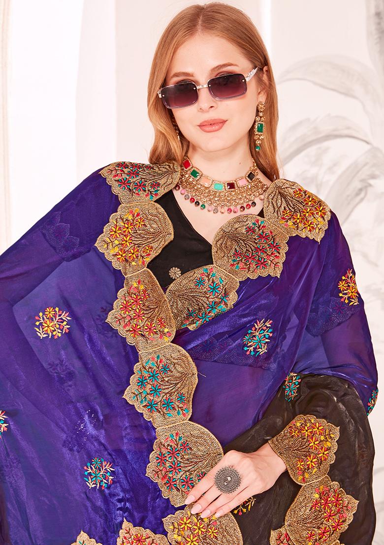 Purple Embrodery Work Silk Saree Set - Indya