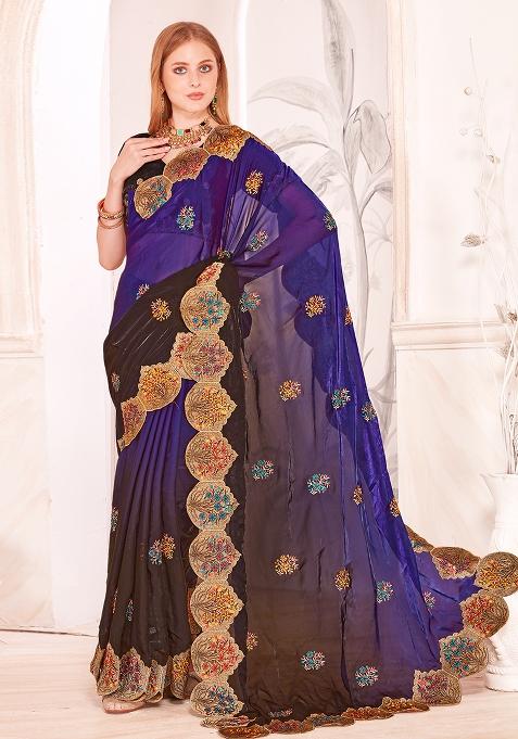 Purple Embrodery Work Silk Saree Set
