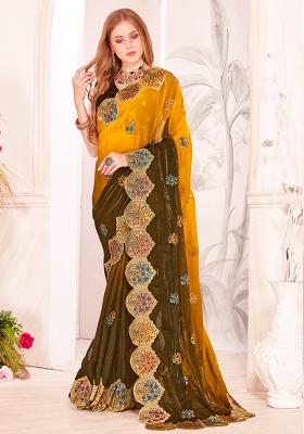 Mustard Embrodery Work Silk Saree Set
