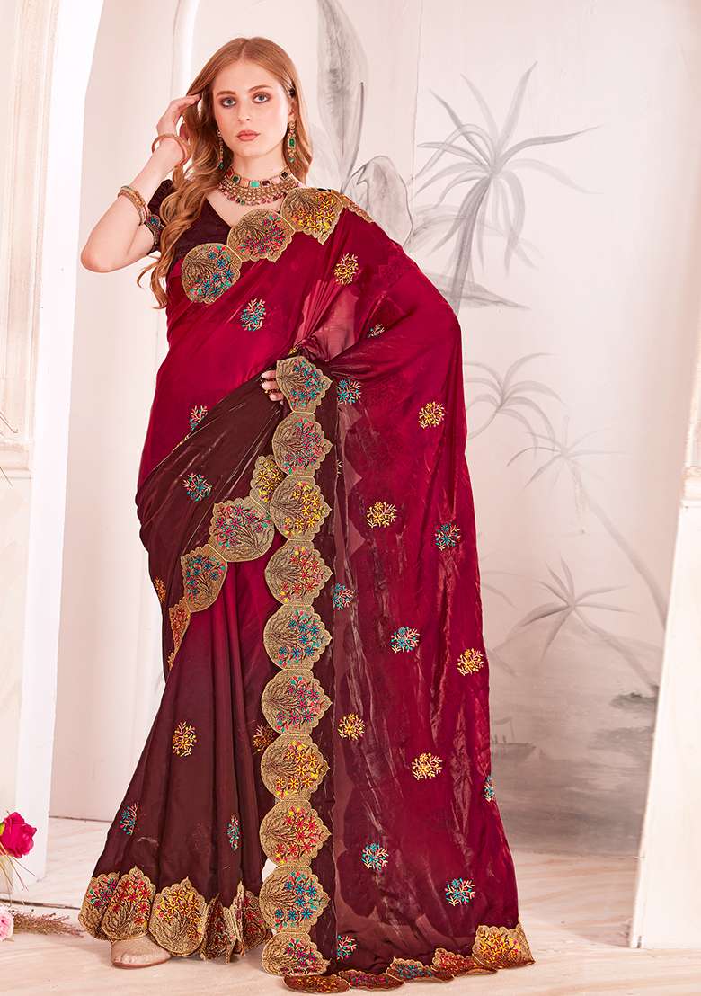 Cherry Embrodery Work Silk Blend Saree Set for Diwali and Festive Wear - Indya