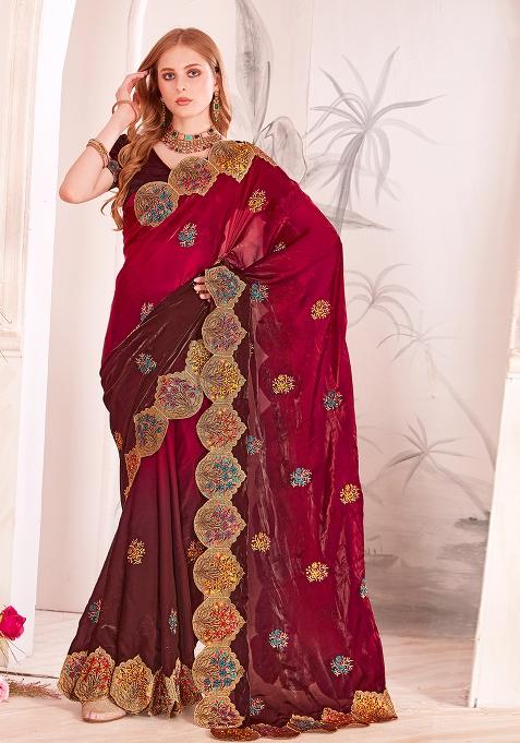 Cherry Embrodery Work Silk Saree Set