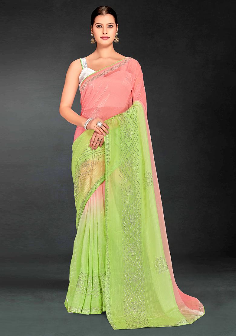 Peach Perrot Green Embrodery Work Silk Saree Set