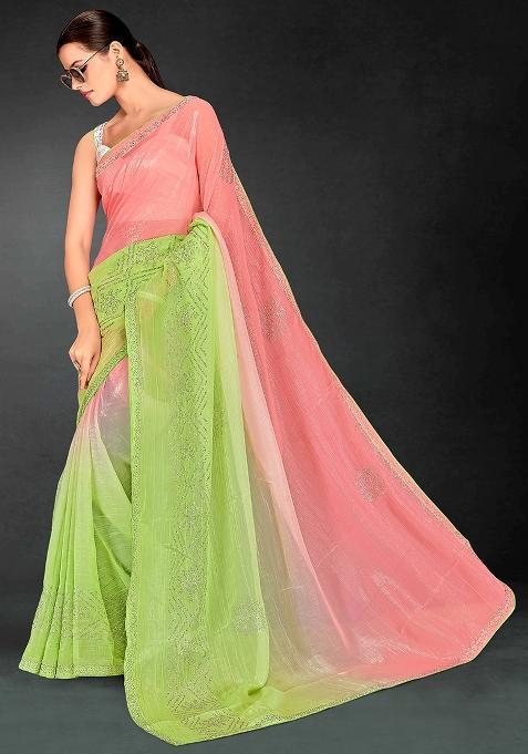 Peach Perrot Green Embrodery Work Silk Saree Set