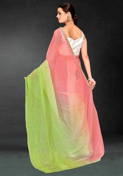 Peach Perrot Green Embrodery Work Silk Saree Set