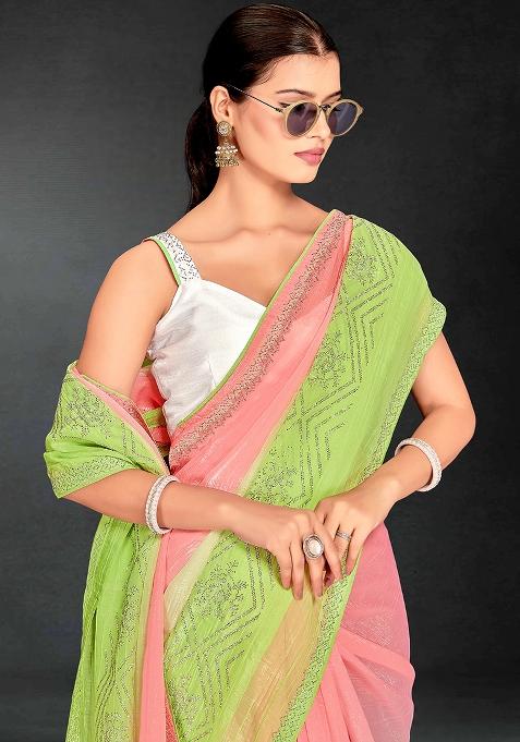Peach Perrot Green Embrodery Work Silk Saree Set