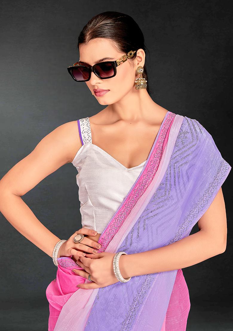 Pink Purple Embrodery Work Silk Saree Set - Indya
