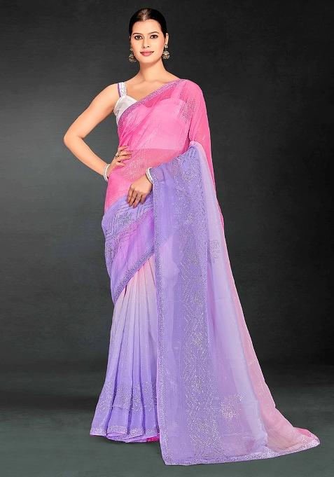 Pink Purple Embrodery Work Silk Saree Set