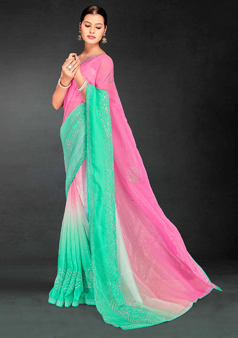 Pink Cgreen Embrodery Work Silk Saree Set - Indya