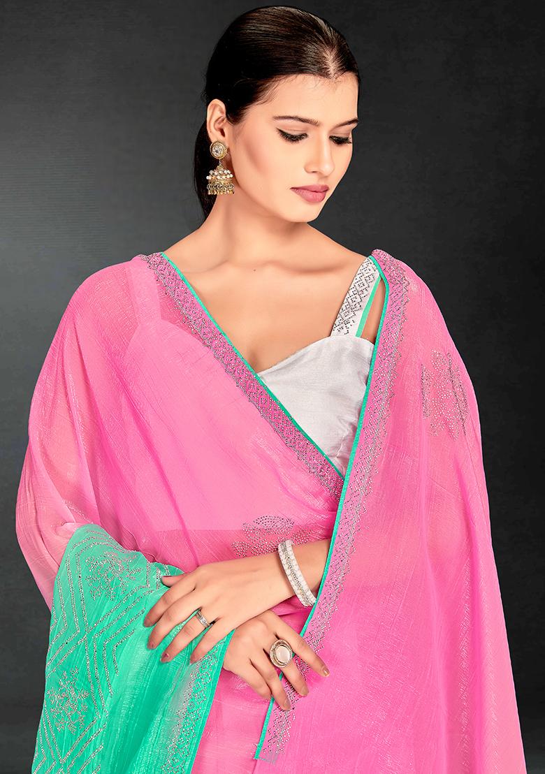 Pink Cgreen Embrodery Work Silk Saree Set - Indya