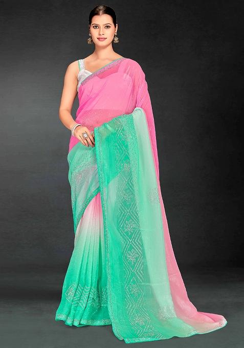 Pink Cgreen Embrodery Work Silk Saree Set