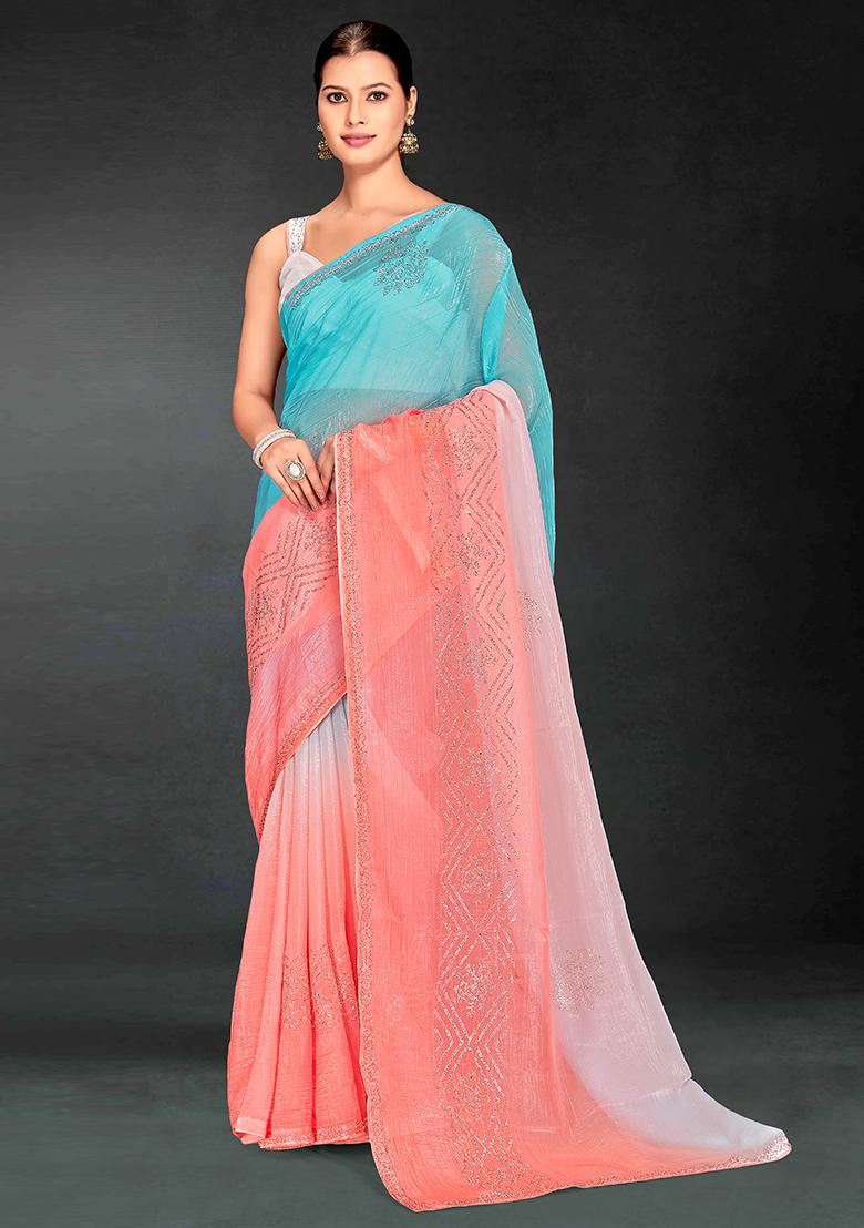 Sky Peach Embrodery Work Silk Saree Set