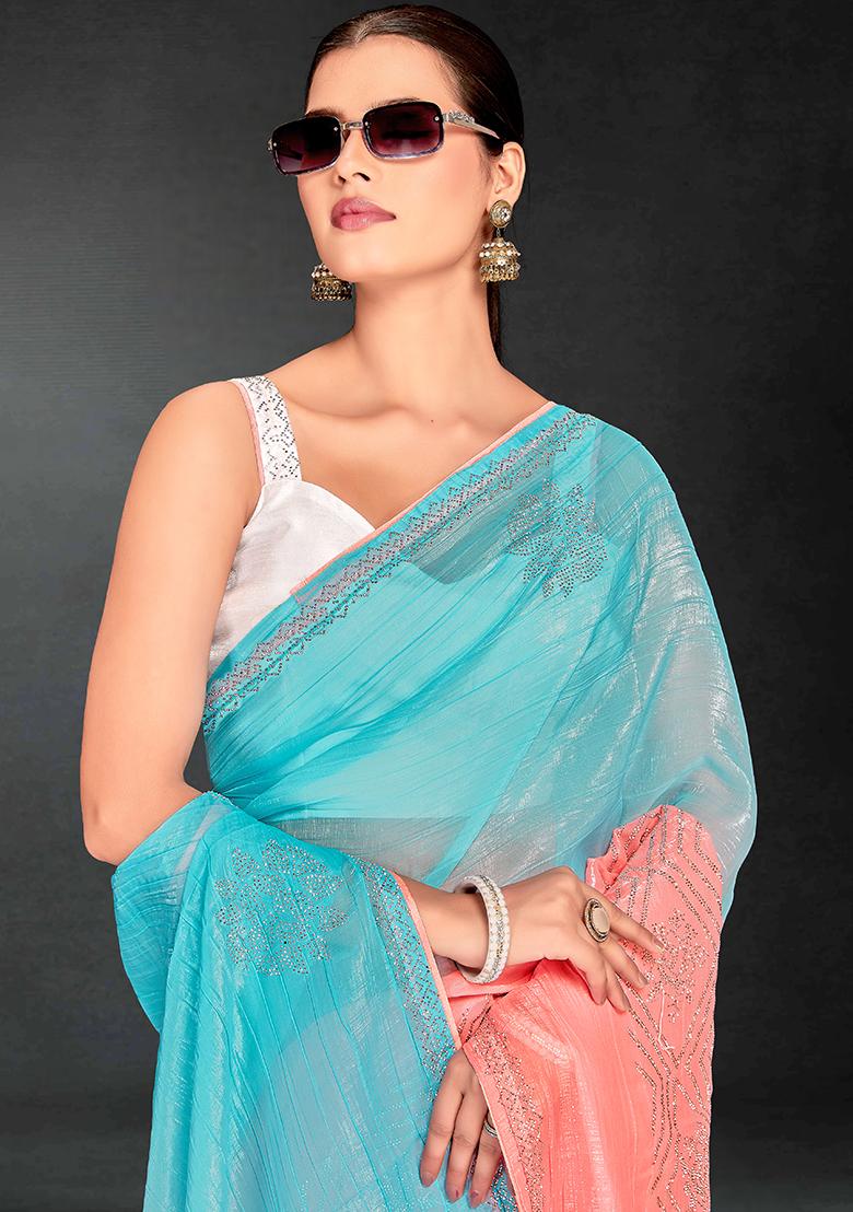 Sky Peach Embrodery Work Silk Saree Set - Indya