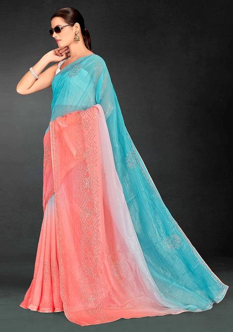 Sky Peach Embrodery Work Silk Saree Set