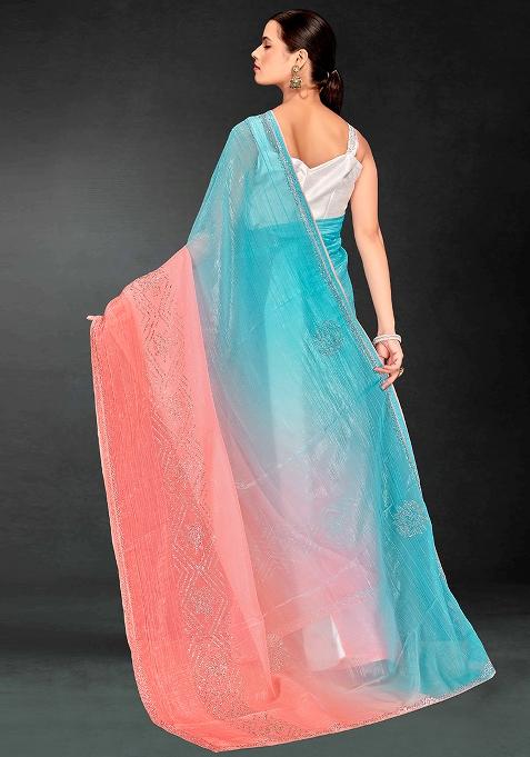 Sky Peach Embrodery Work Silk Saree Set