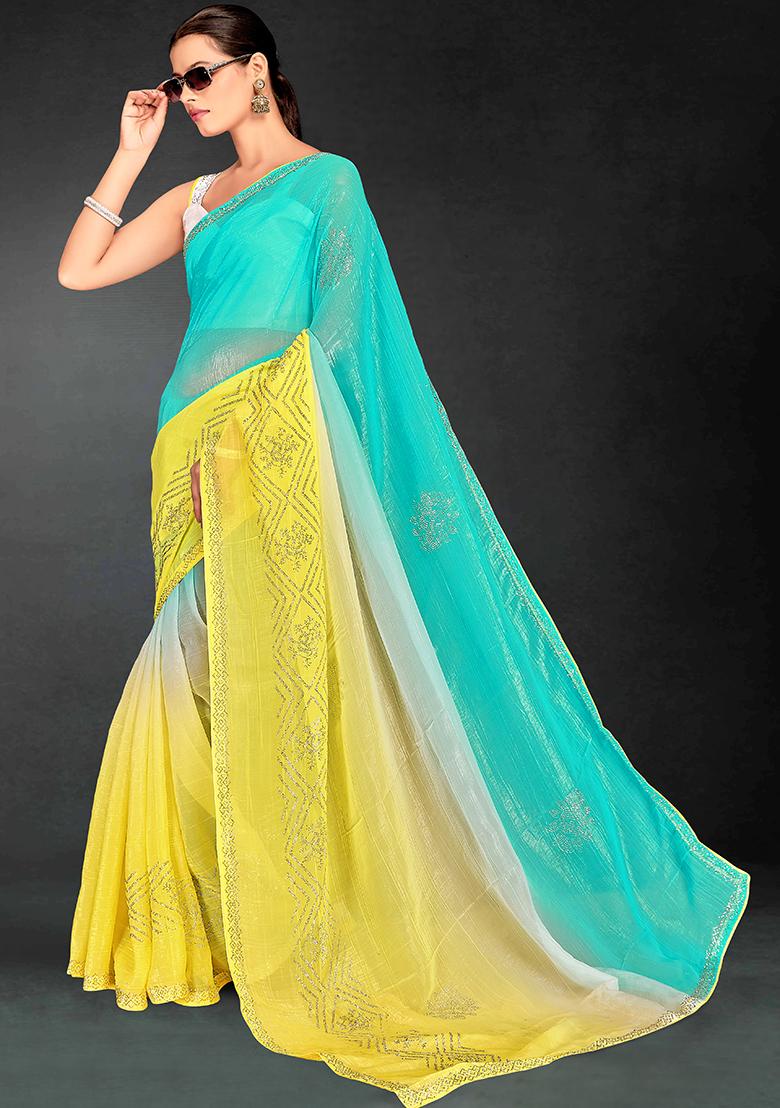 Sky Yellow Embrodery Work Silk Saree Set - Indya