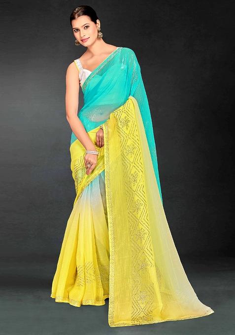 Sky Yellow Embrodery Work Silk Saree Set