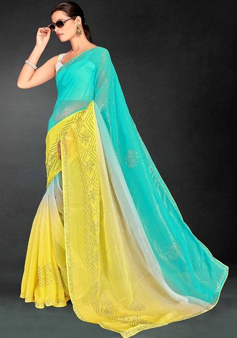 Sky Yellow Embrodery Work Silk Saree Set