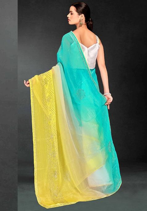 Sky Yellow Embrodery Work Silk Saree Set