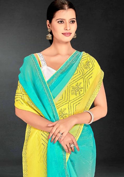 Sky Yellow Embrodery Work Silk Saree Set