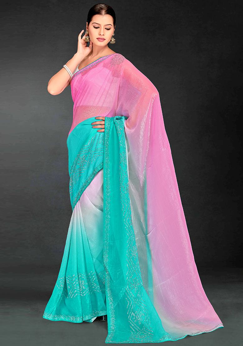 Pink Sky Embrodery Work Silk Saree Set - Indya