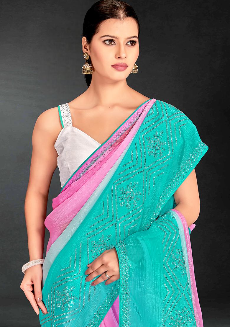 Pink Sky Embrodery Work Silk Saree Set - Indya