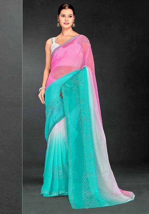 Pink Sky Embrodery Work Silk Blend Saree Set