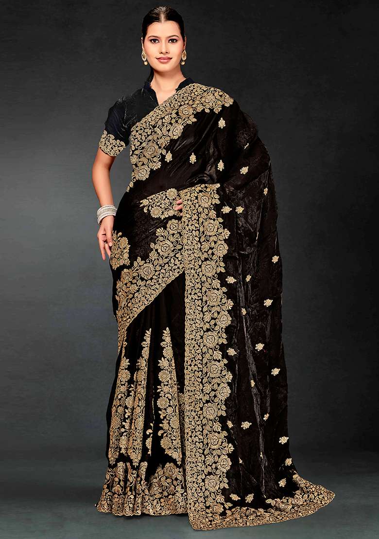 Black Embrodery Work Silk Blend Saree Set for Diwali and Festive Wear - Indya