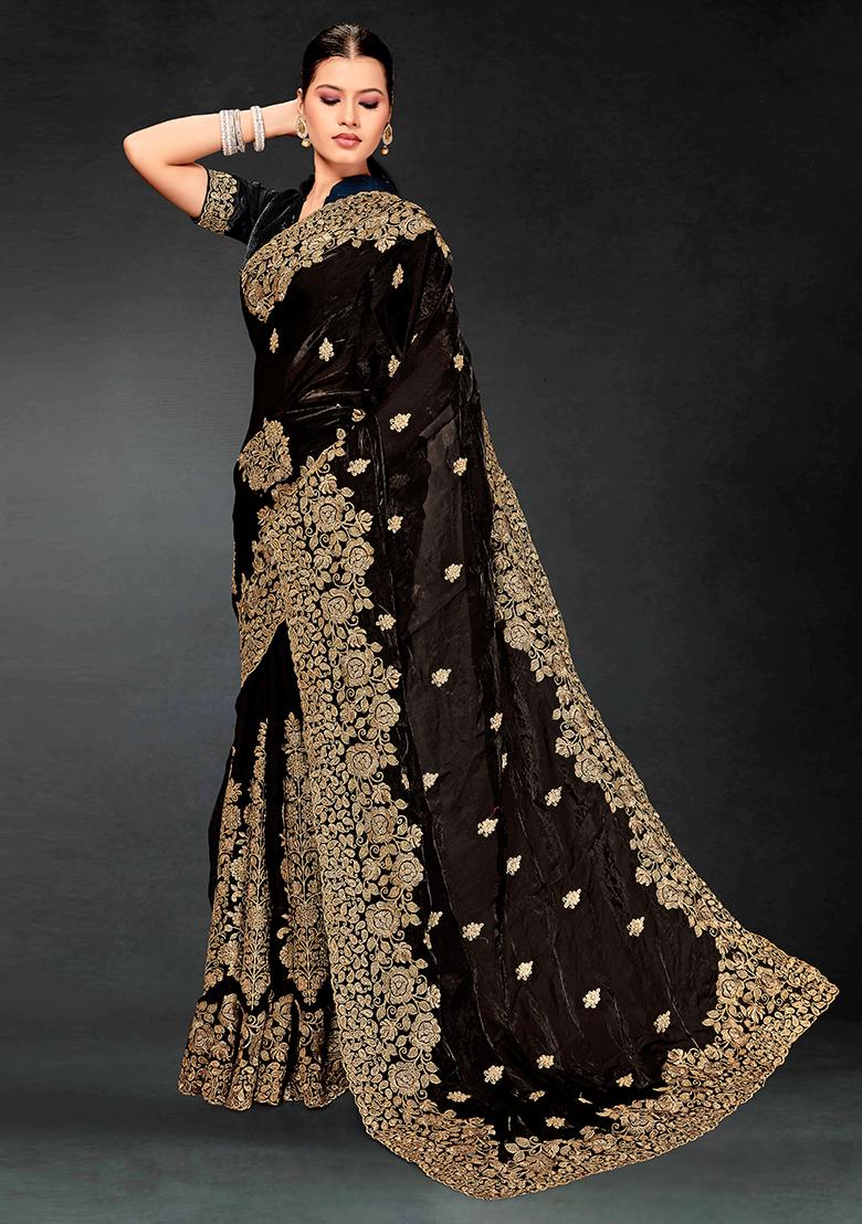 Black Embrodery Work Silk Saree Set - Indya