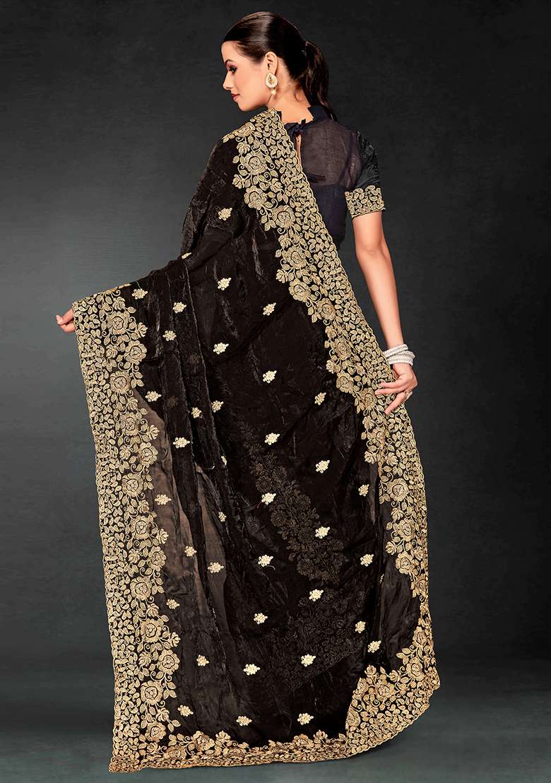 Black Embrodery Work Silk Blend Saree Set for Diwali and Festive Wear - Indya