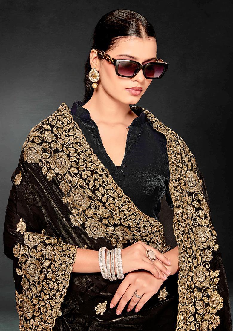 Black Embrodery Work Silk Saree Set - Indya